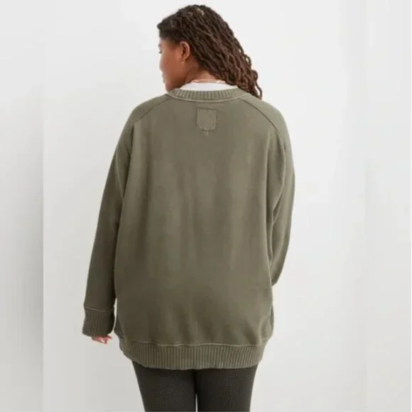 Aerie Down To Earth Crew Sweatshirt Olive Green Oversized Ribbed Small Medium L - Picture 3 of 14